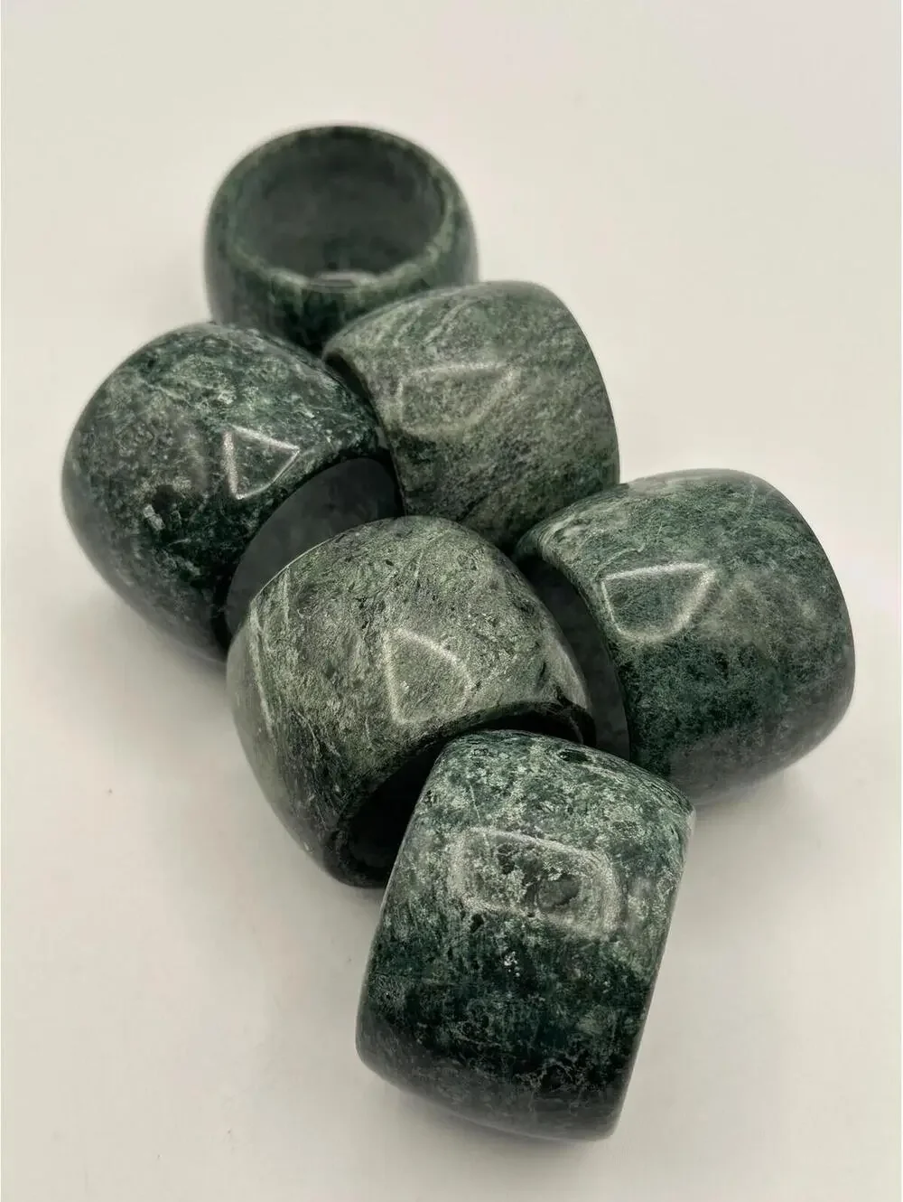 Set of 6 Vintage Agate Stone Napkin Rings - Polished Green Natural Marbled Decor